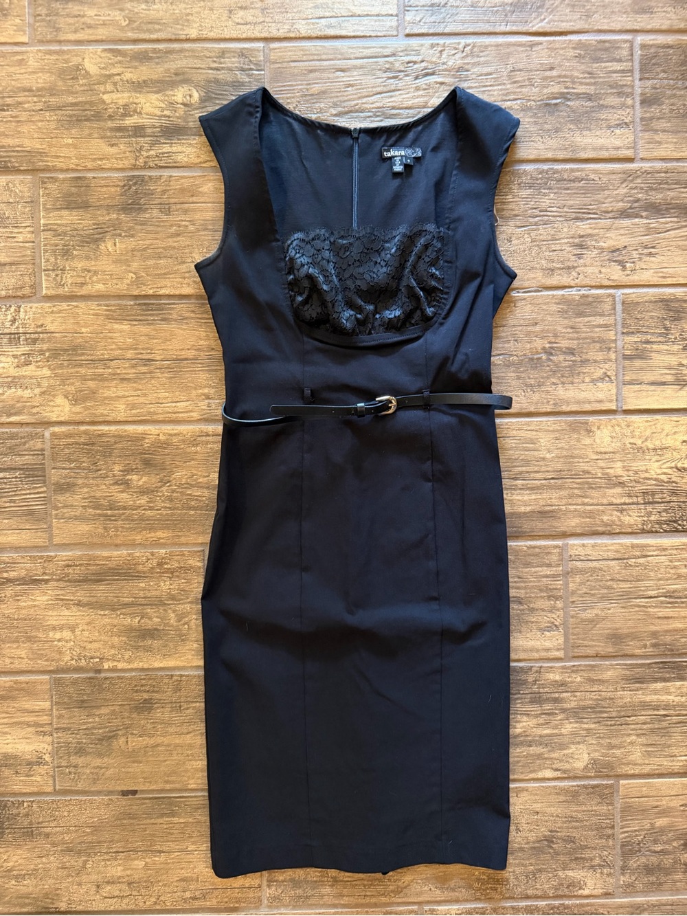 Takara Black Lace-Front Sheath Dress with Belt